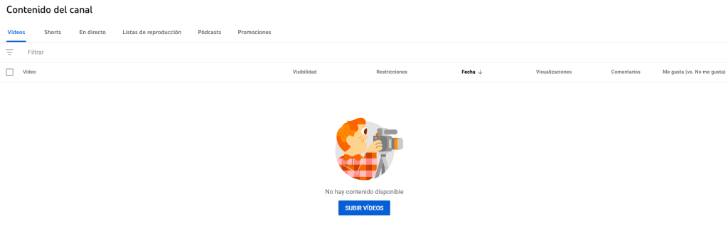 Contenido panel YouTube Studio