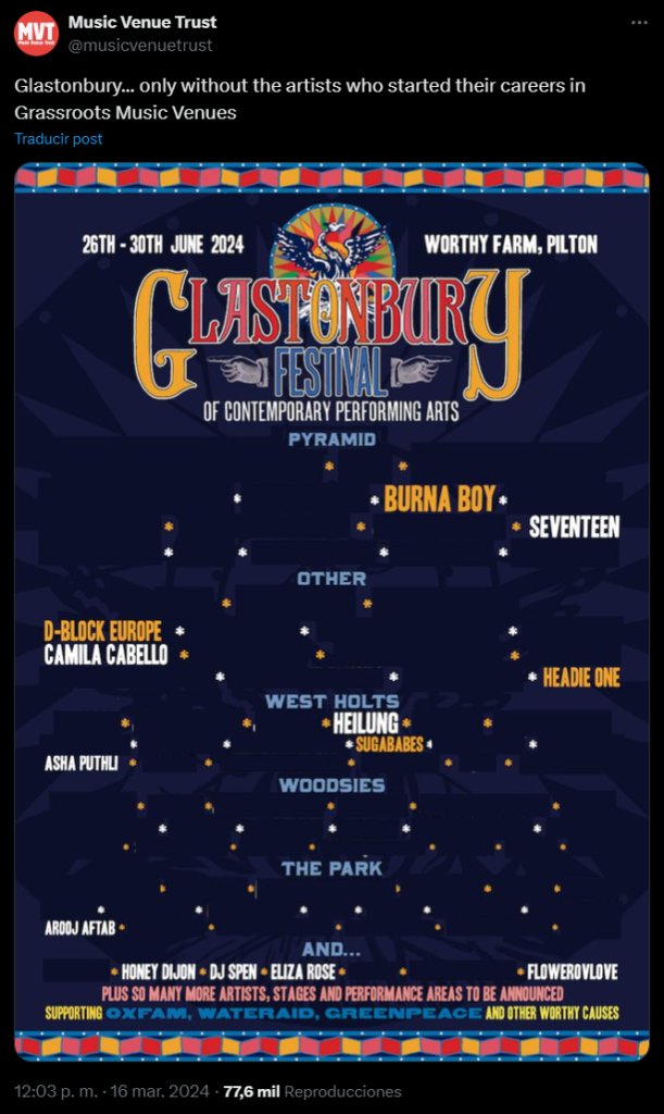 GLASTONBURY FESTIVAL 2024 MVT MUSIC VENUE TRUST GRASSROOTS VENUES